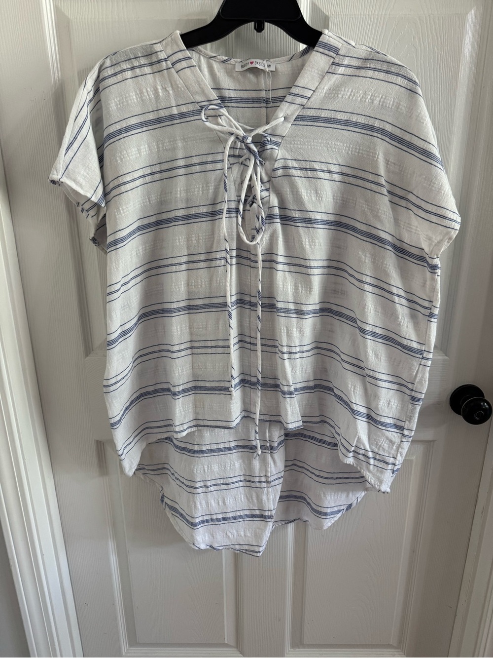 Buddy Love White and Blue Striped Lace-Up Short Sleeve Top